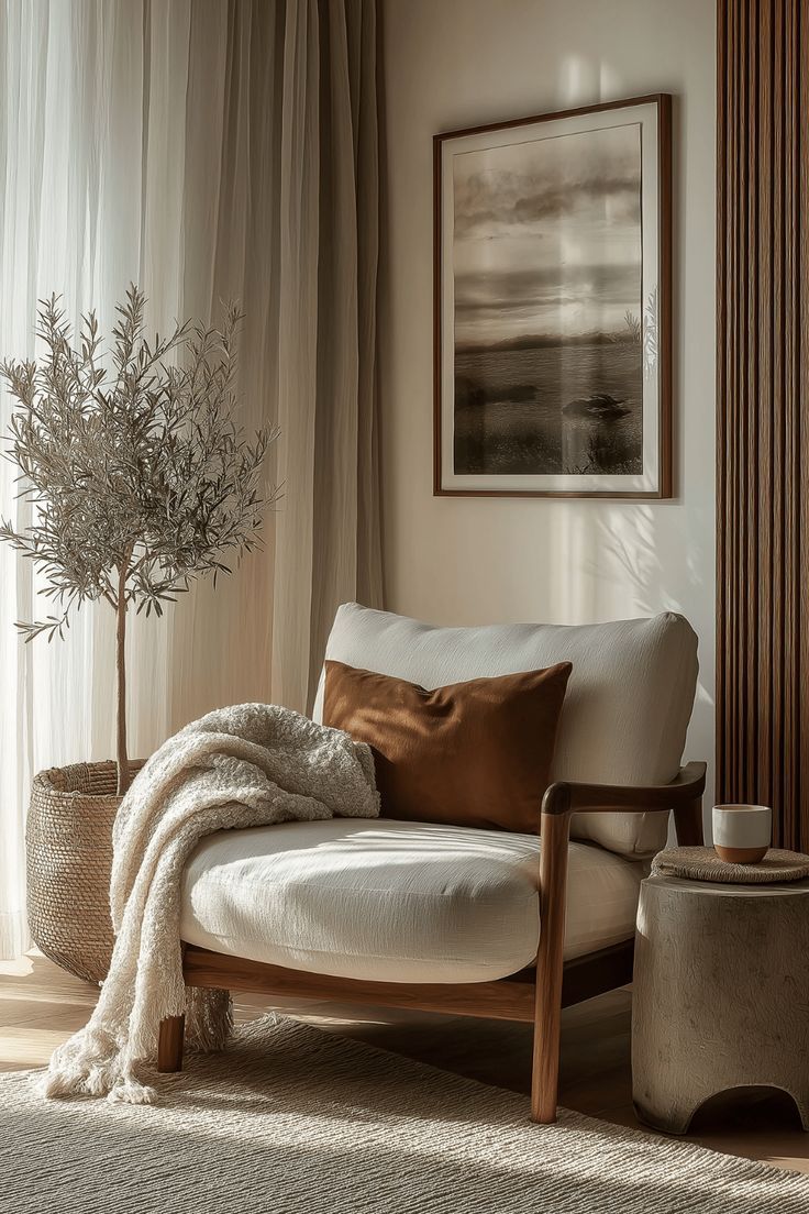 Walnut Frame Linen Armchair